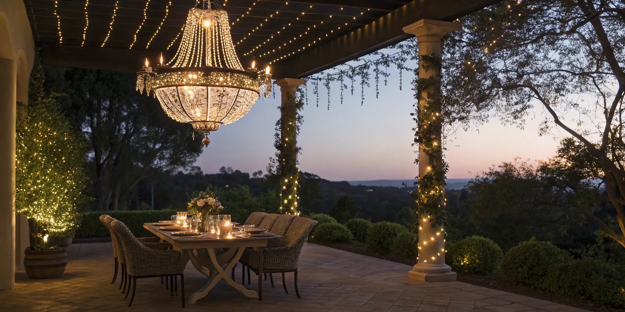 Outdoor chandelier hanging over a patio table.