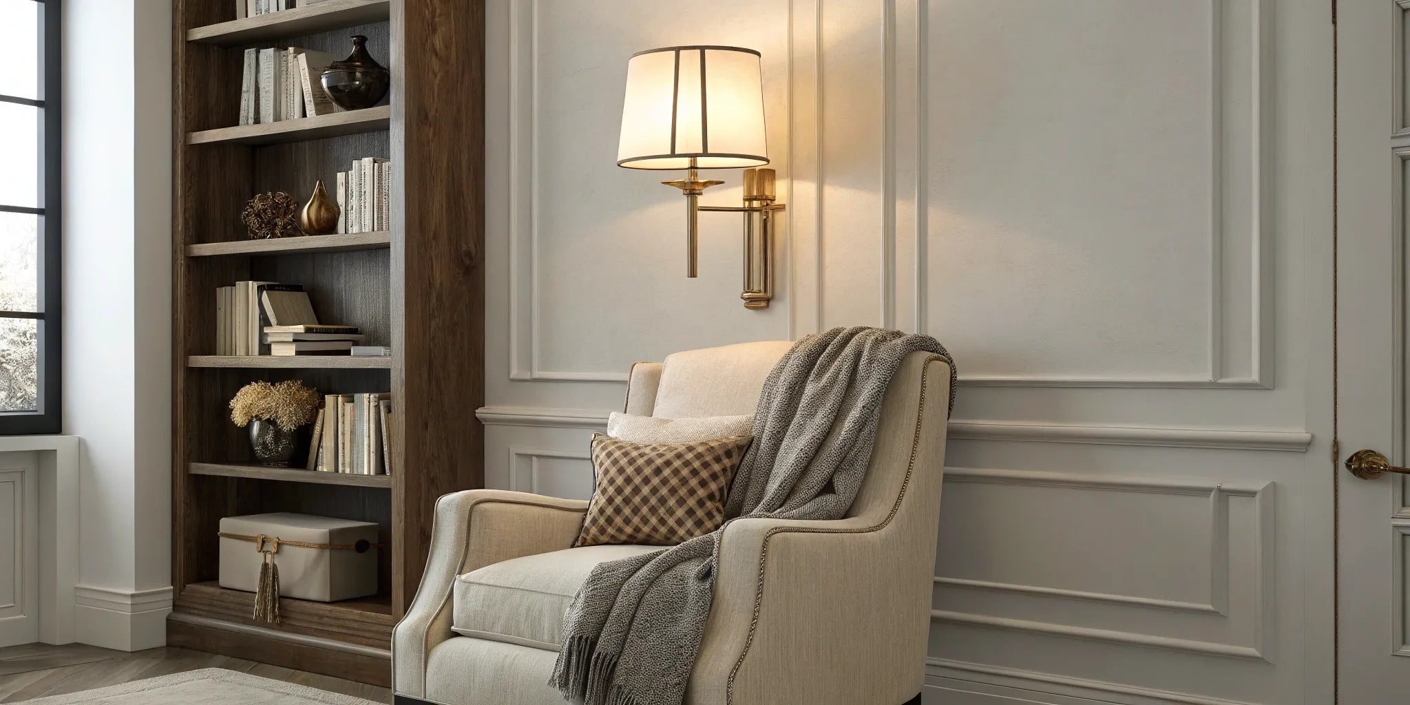 IKEA wall sconce illuminates a cozy reading nook.
