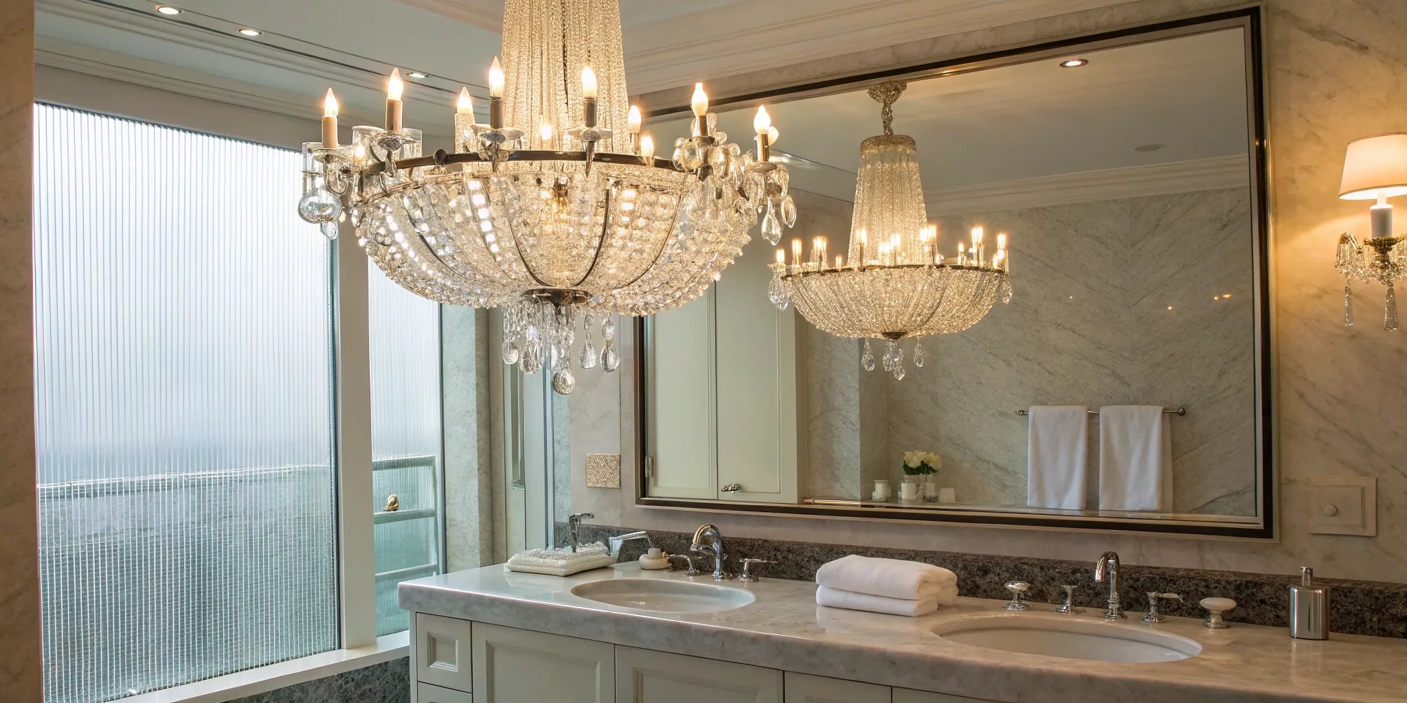 Crystal chandelier above a bathroom double vanity.