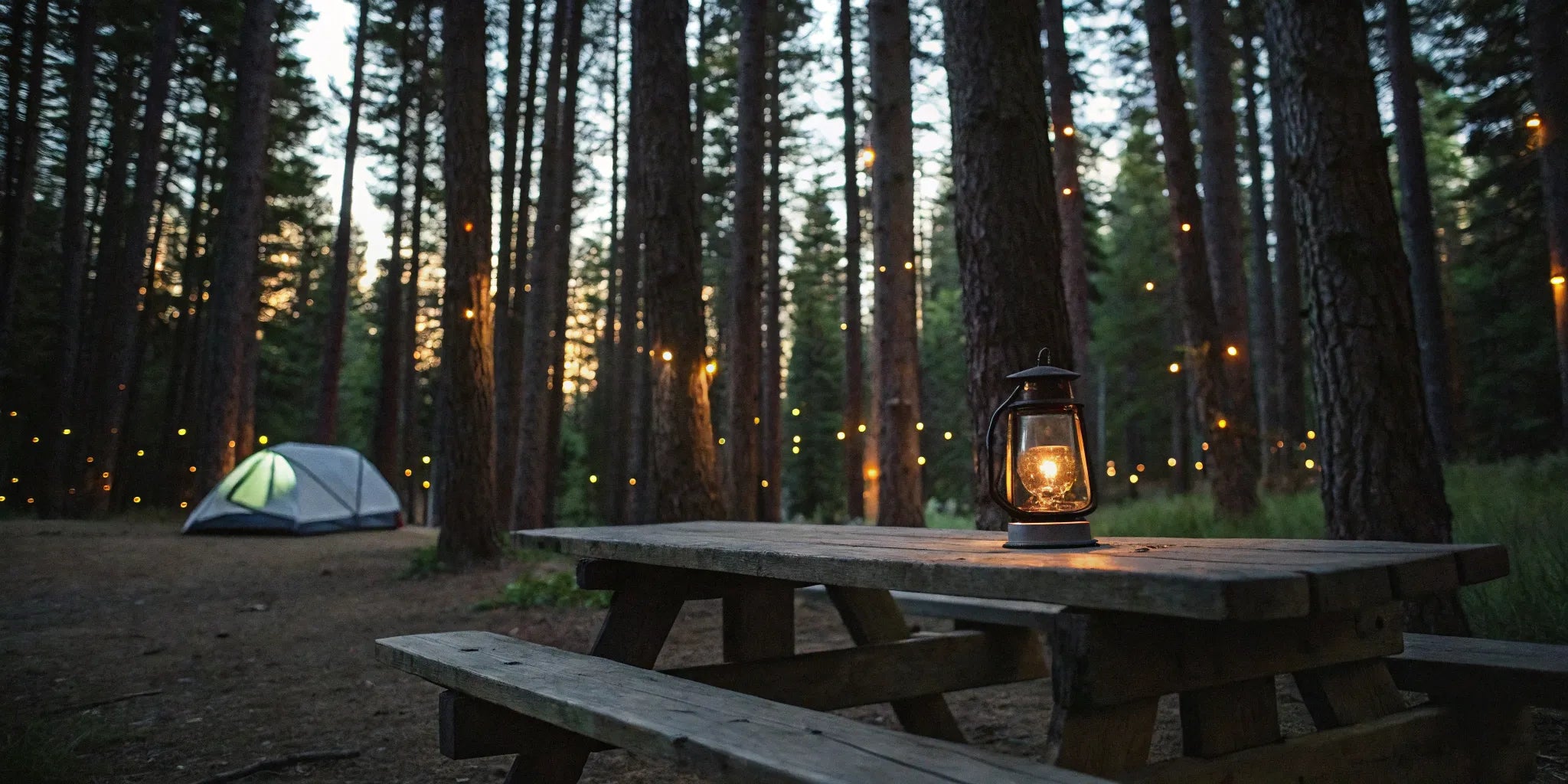 Camping lantern glowing on picnic table at campsite.
