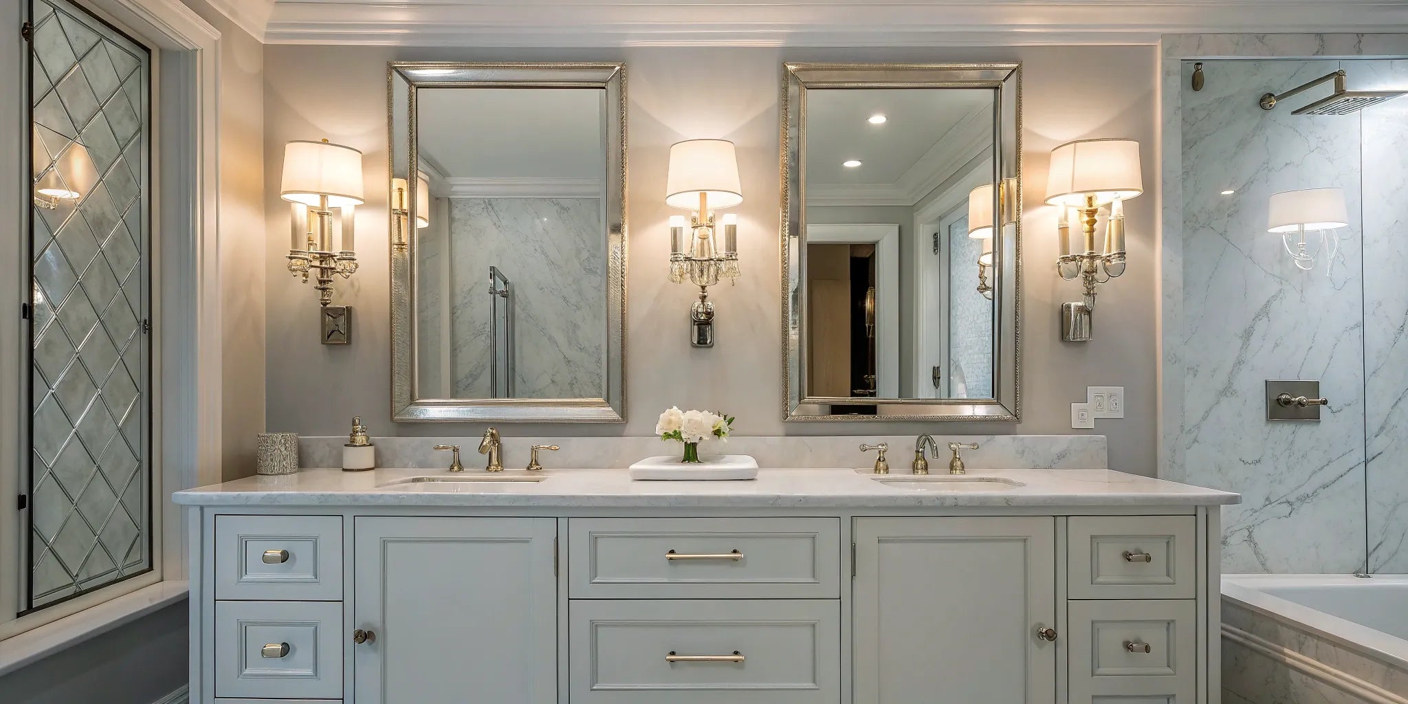 Modern bath vanity light fixture with a marble countertop.