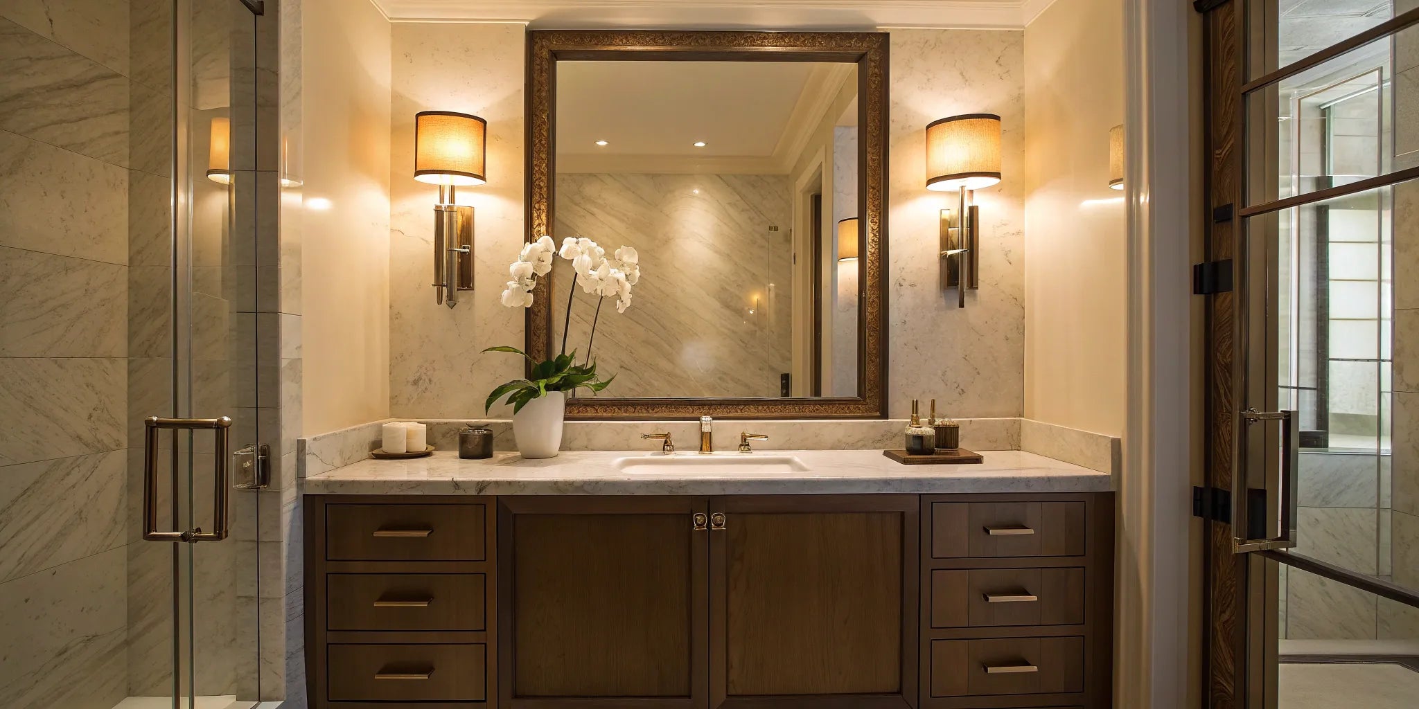 Bathroom vanity with bright sconce lighting.
