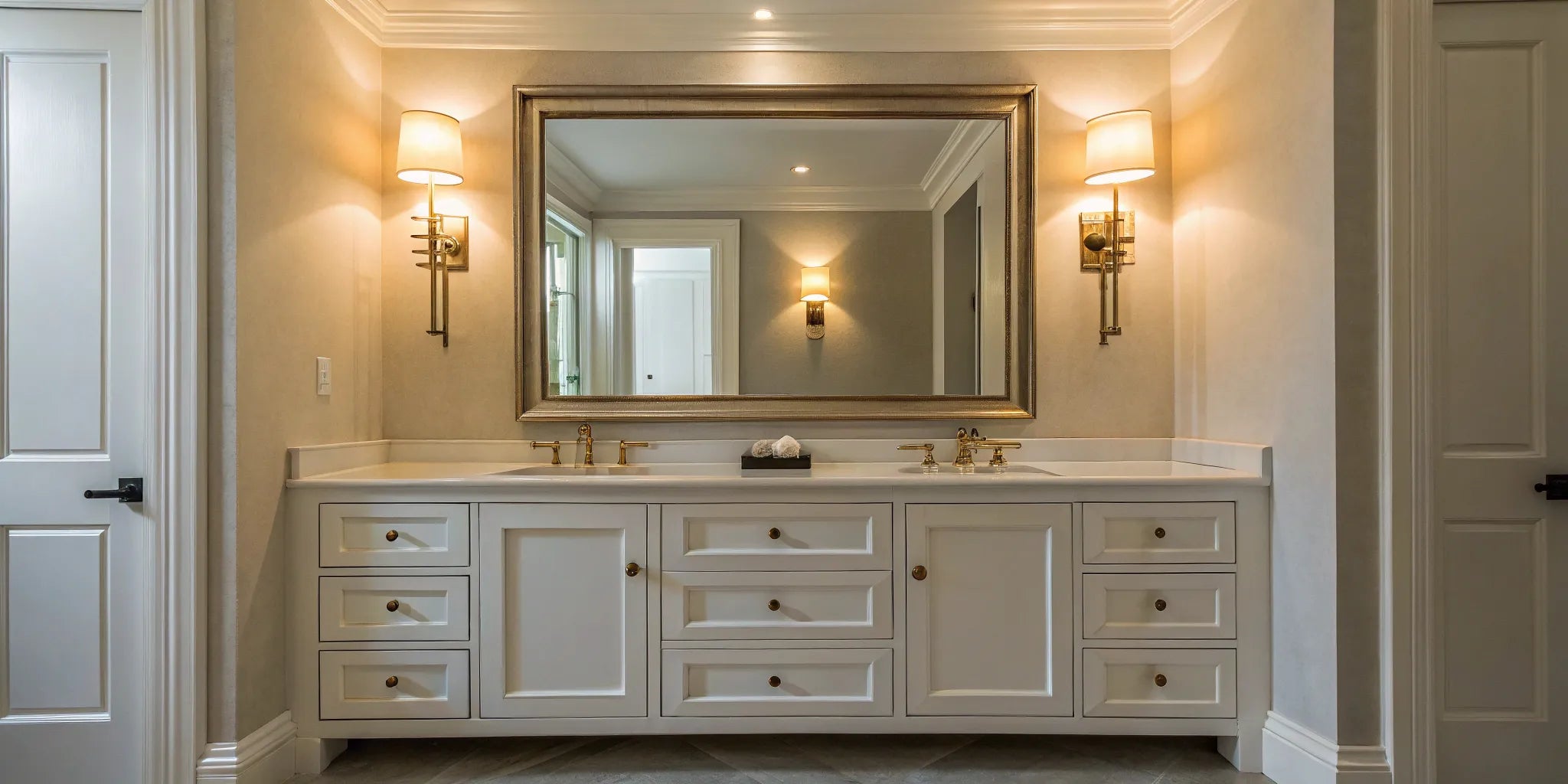Bathroom wall lights brighten a large mirror.