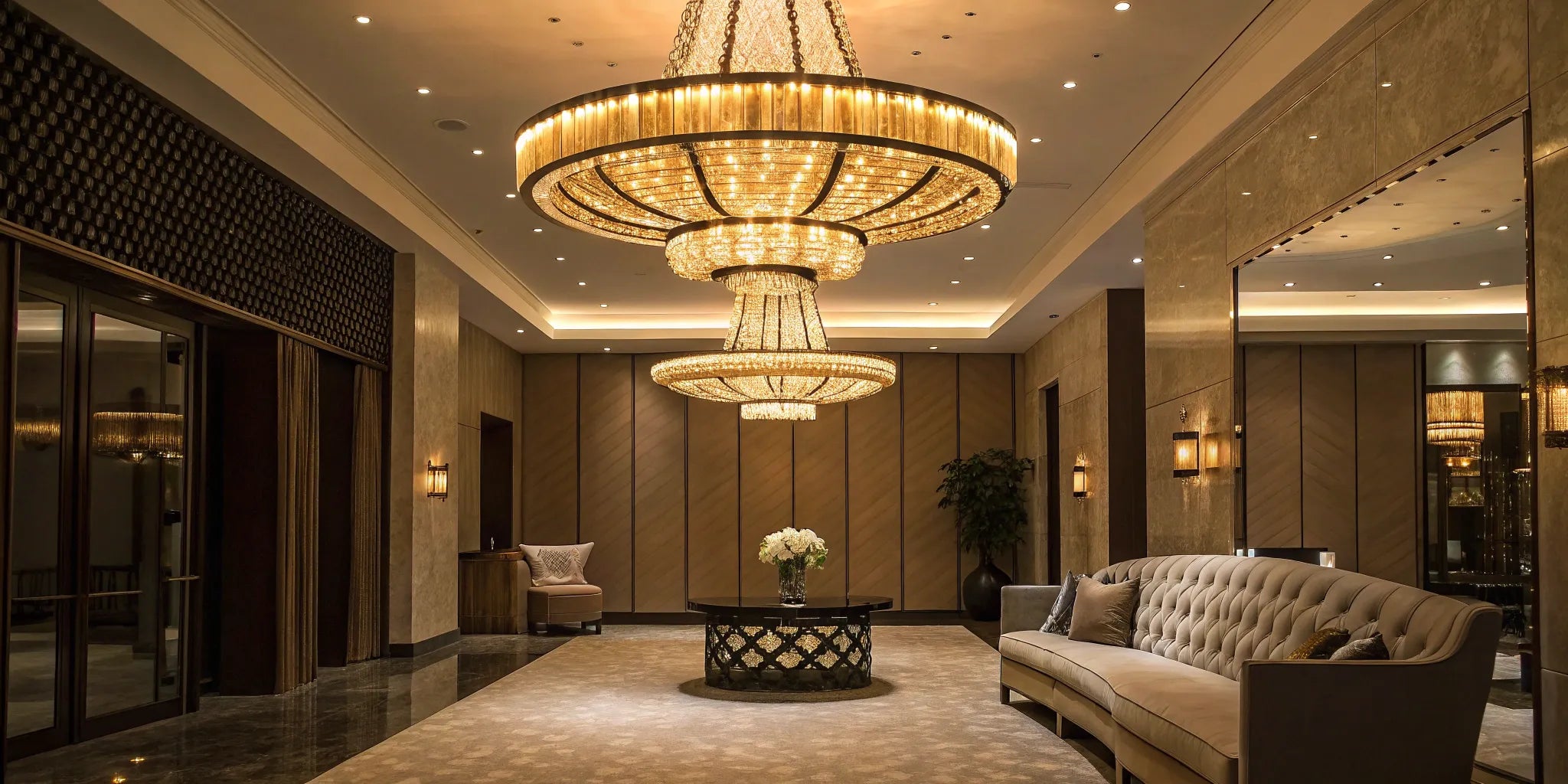 Chandelier bulbs illuminate a grand chandelier.