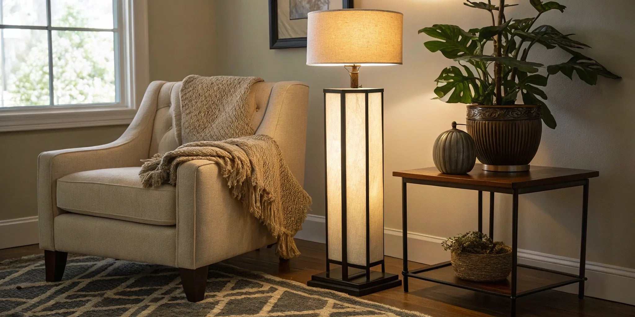 A battery-powered floor lamp provides cordless light in a modern living room beside an armchair.