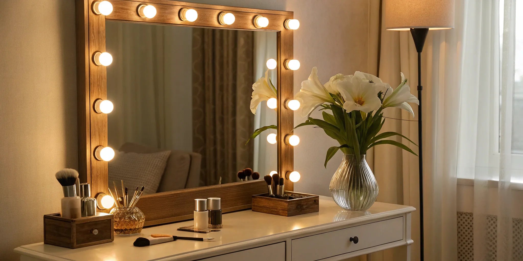 Lighted makeup vanity with mirror and brushes.