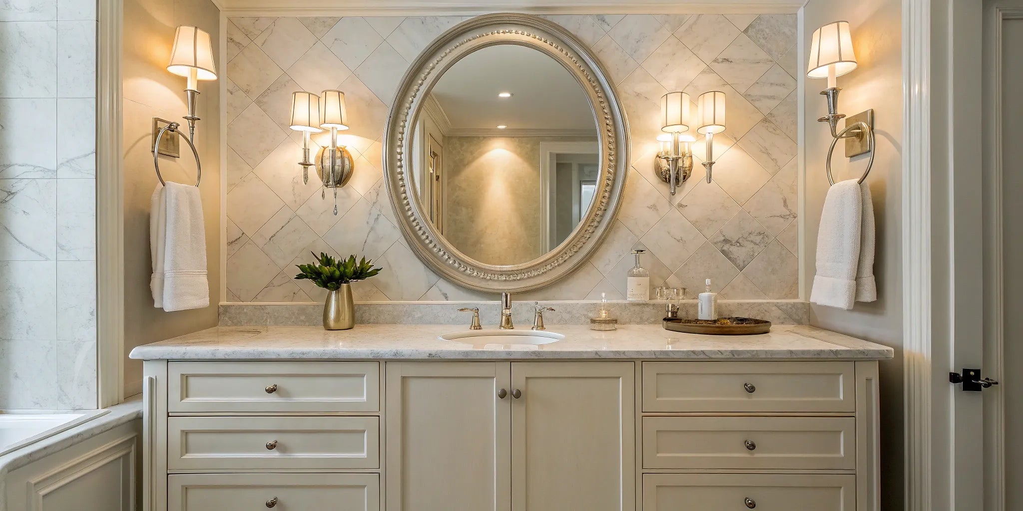 3-light vanity fixture above a bathroom mirror.