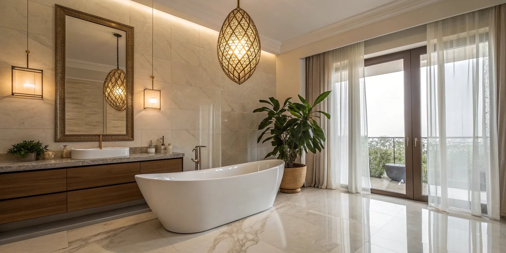 Stylish bathroom pendant light above a freestanding tub.