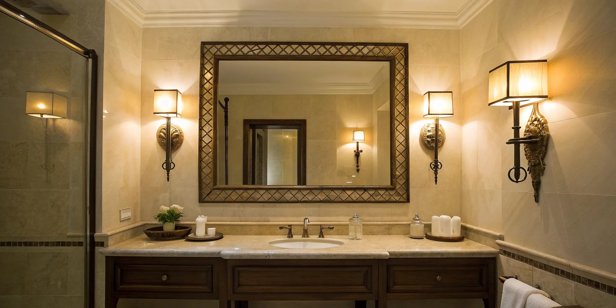 Bathroom vanity mirror with bright wall lights.