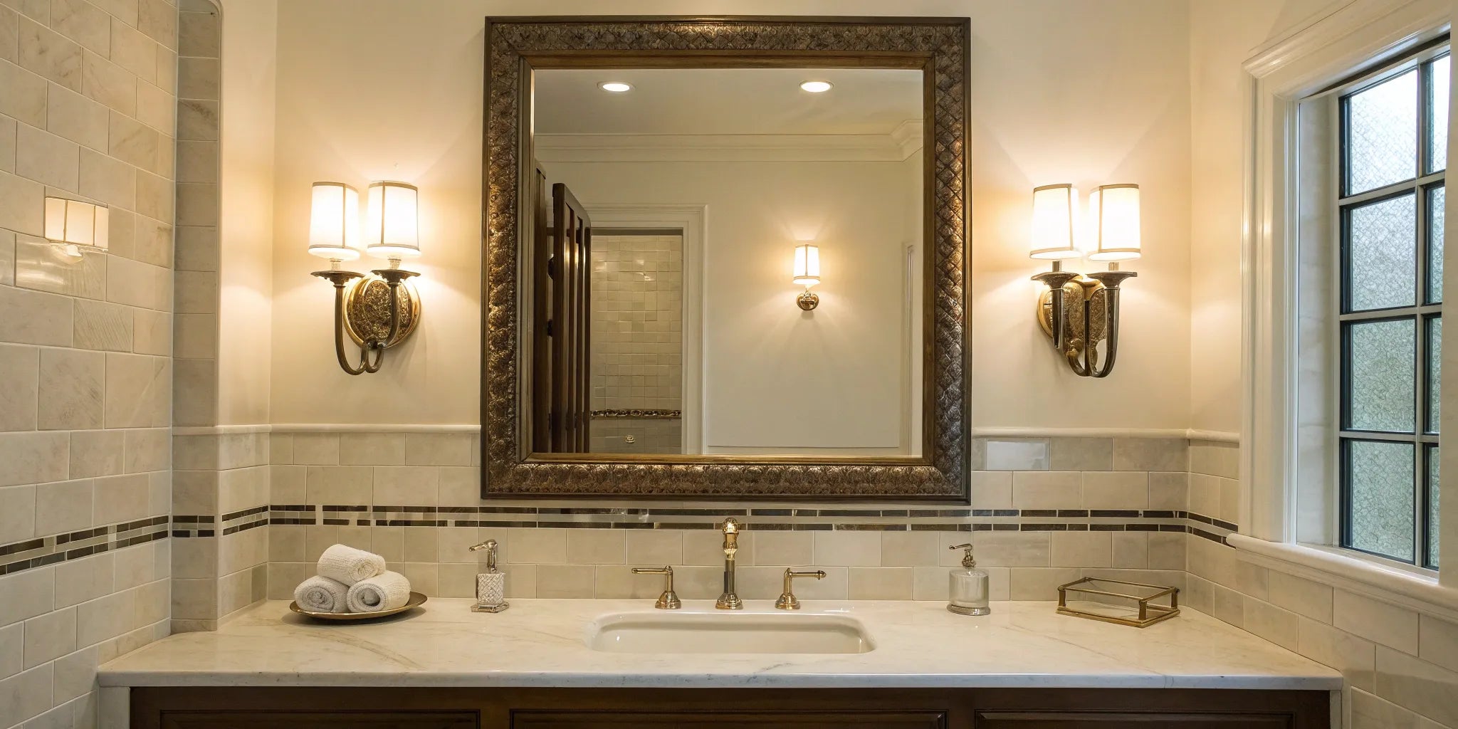 Bathroom wall light sconces add elegant lighting.