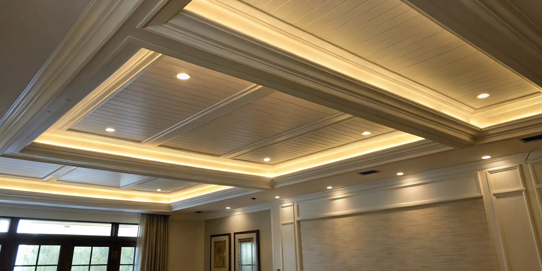 Recessed lighting in ceiling with vapor barrier.