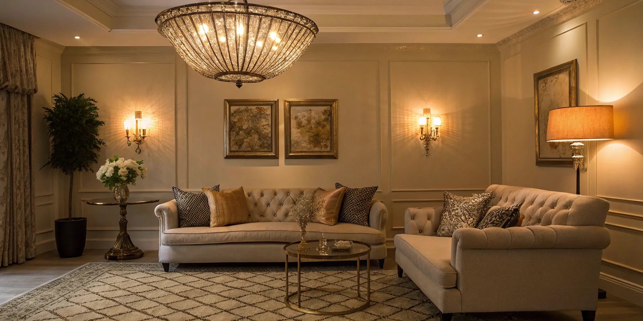 Layered lighting in a living room with a chandelier, wall sconces, and lamps.