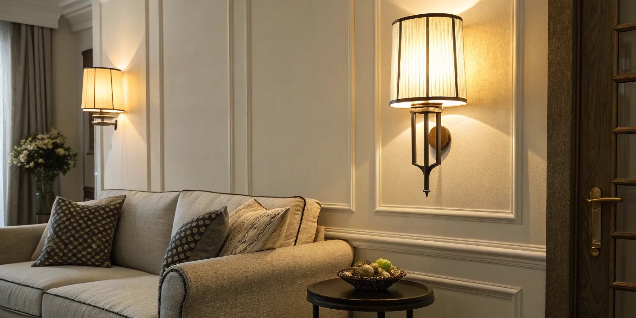 Modern battery operated wall sconces used as accent lighting above a living room sofa.