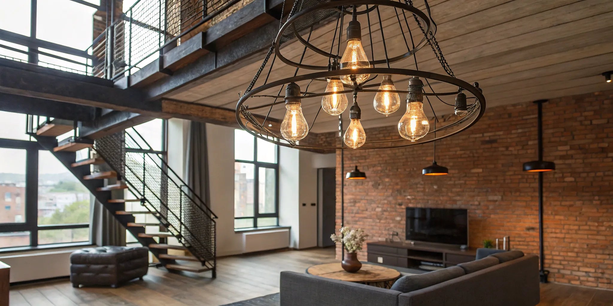 Industrial loft lighting: exposed bulb chandelier.