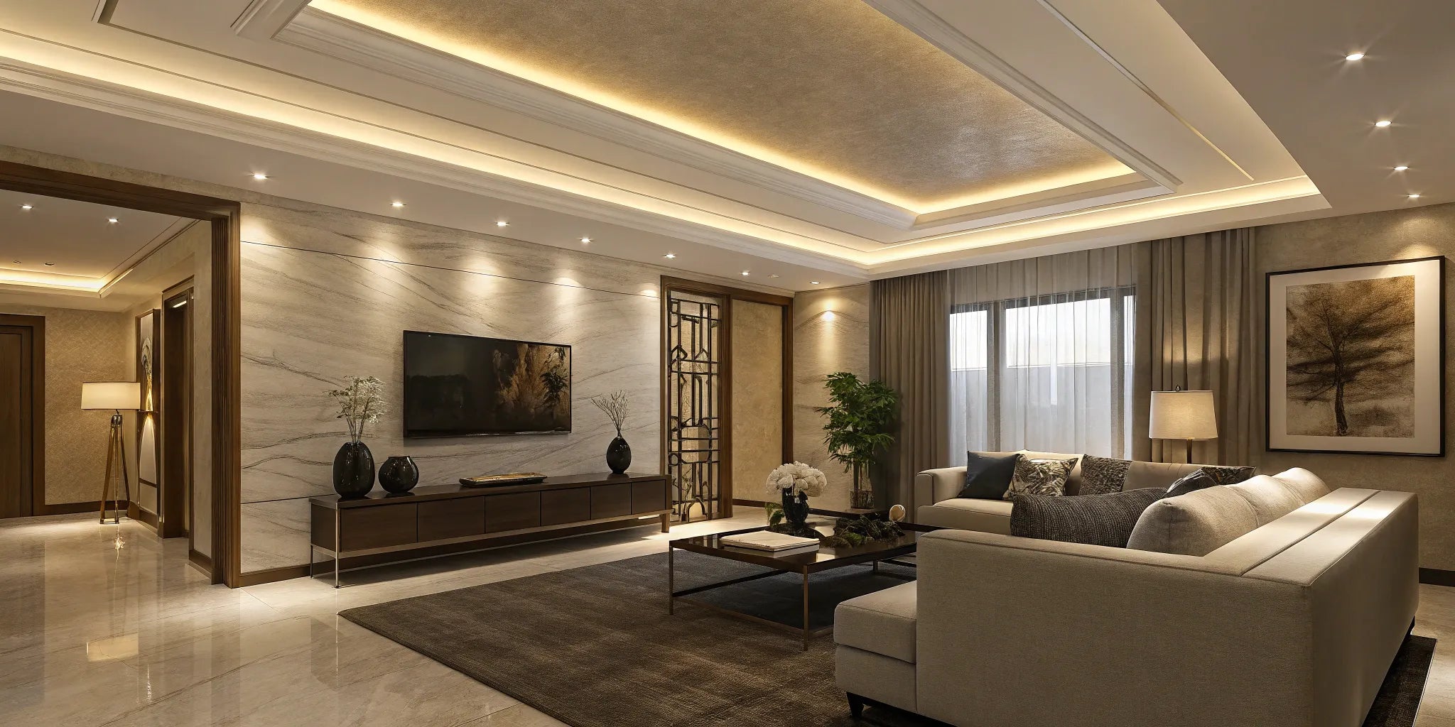 Recessed lighting fixtures brighten a drop ceiling.