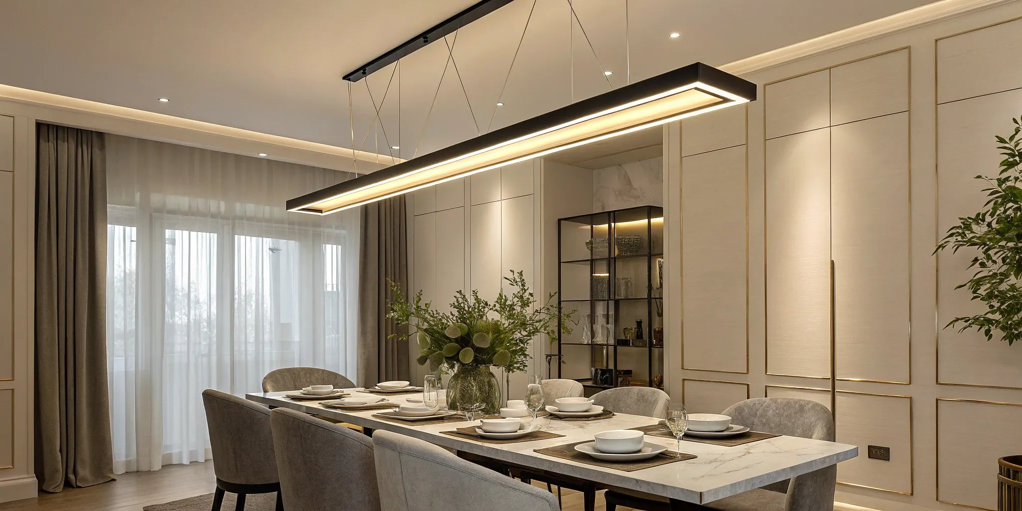 LED linear suspension lights illuminate a modern dining area.