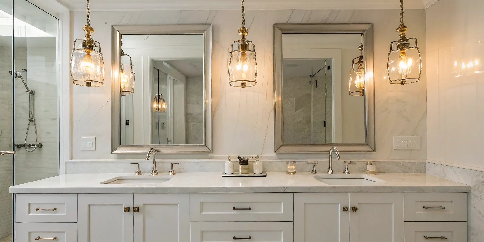 Mini pendant lights illuminate a modern bathroom vanity.