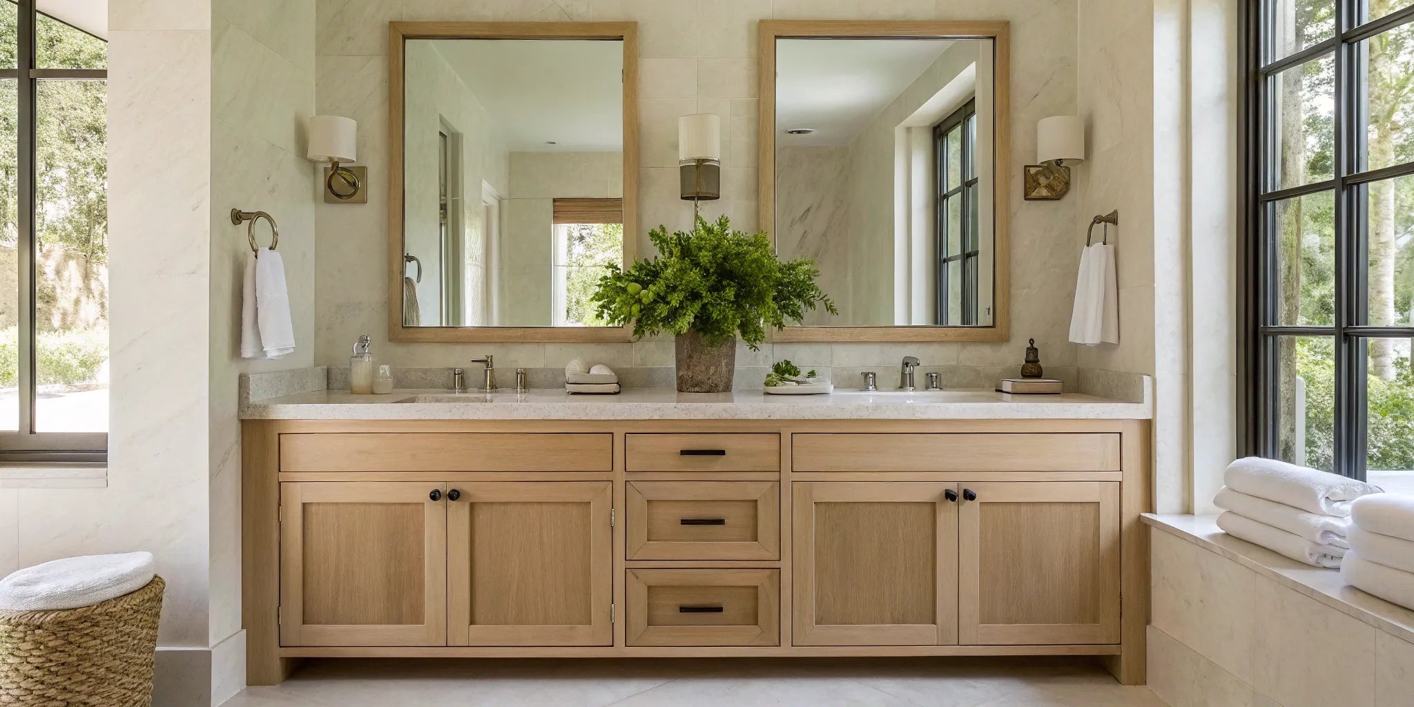 Light wood double sink vanity in a bright bathroom.