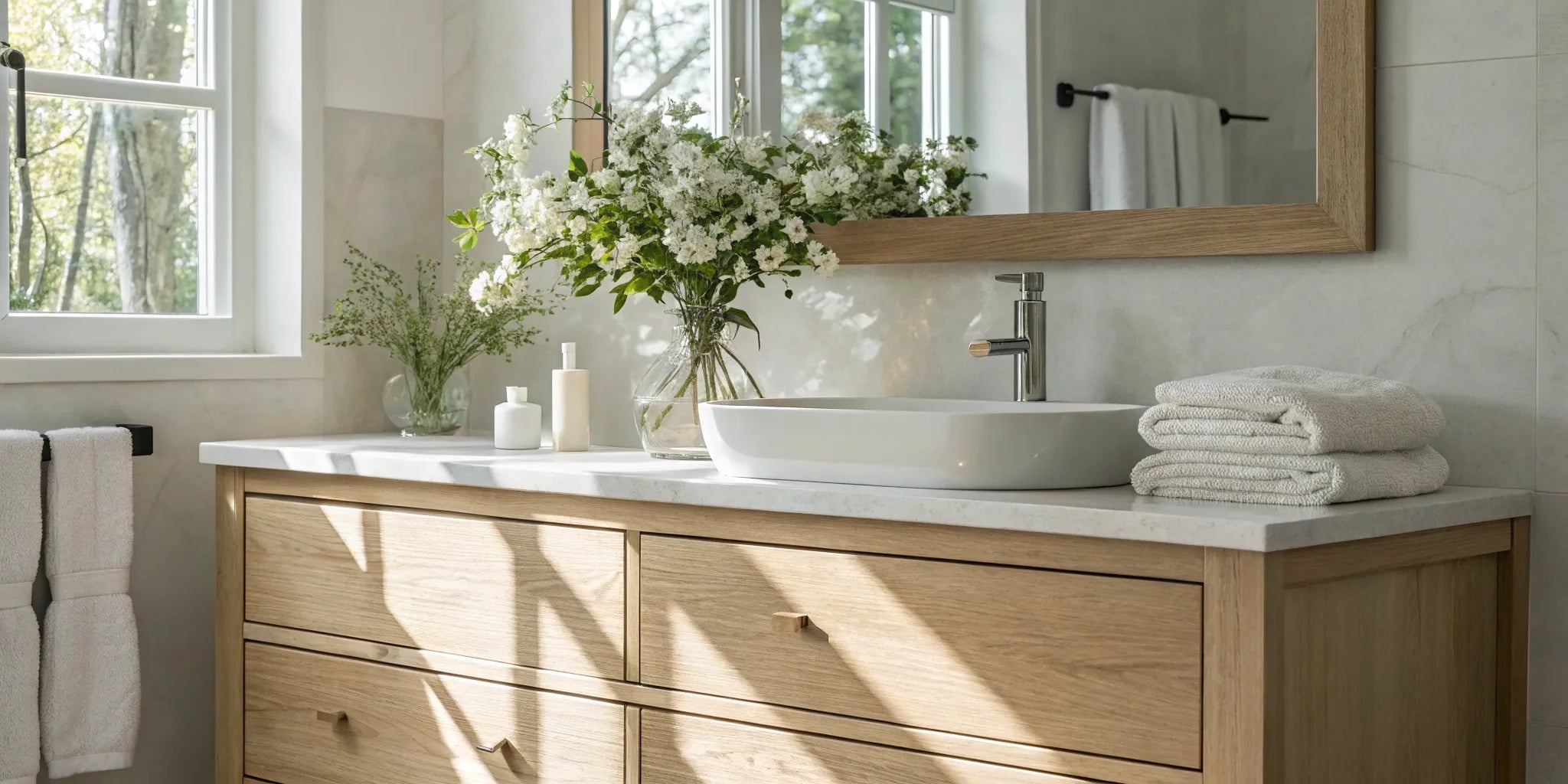 Bright, light wood bathroom vanity with vessel sink and white countertop.
