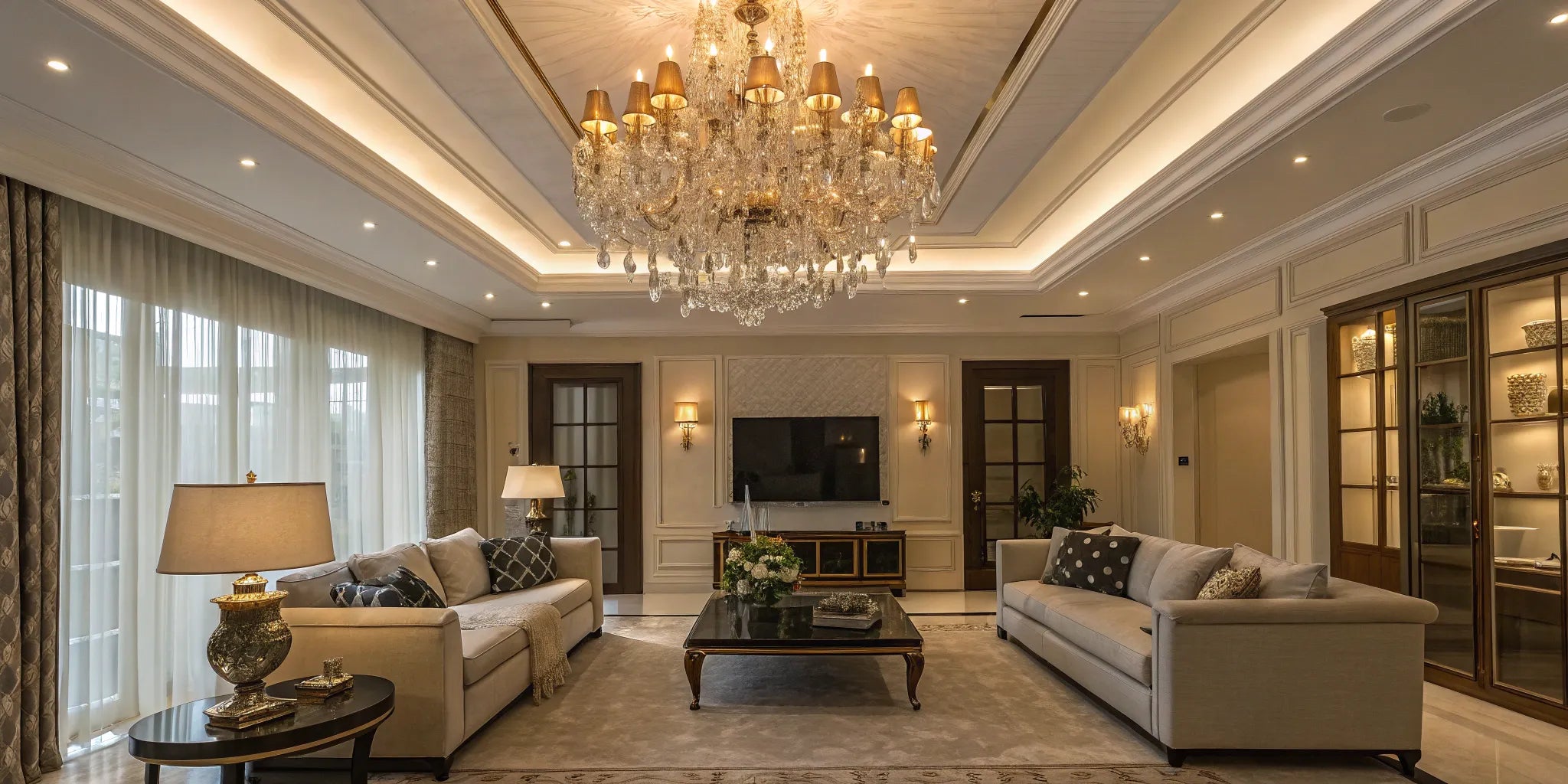 Elegant crystal chandelier lighting.