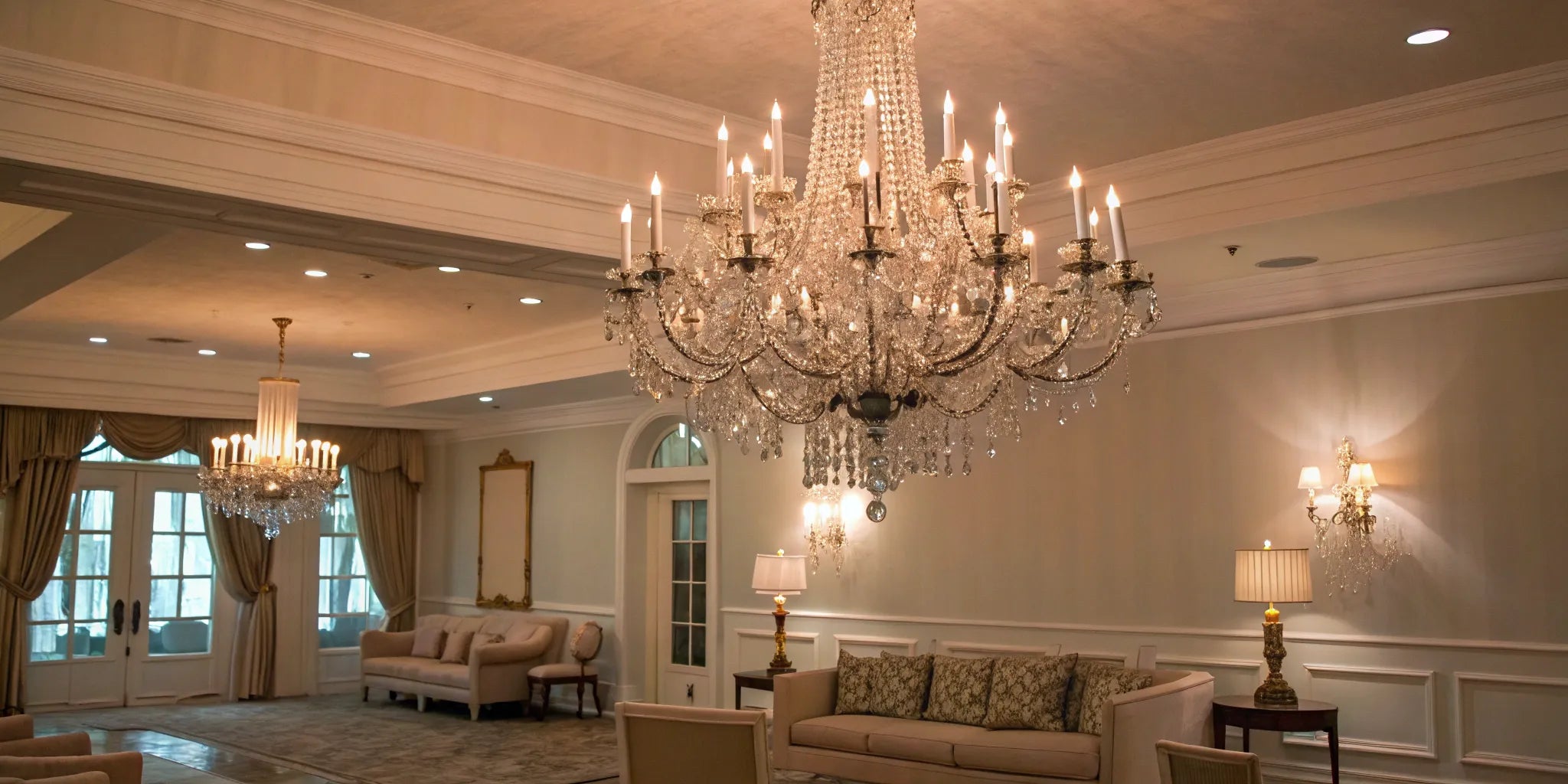 Crystal chandelier illuminating a living room.