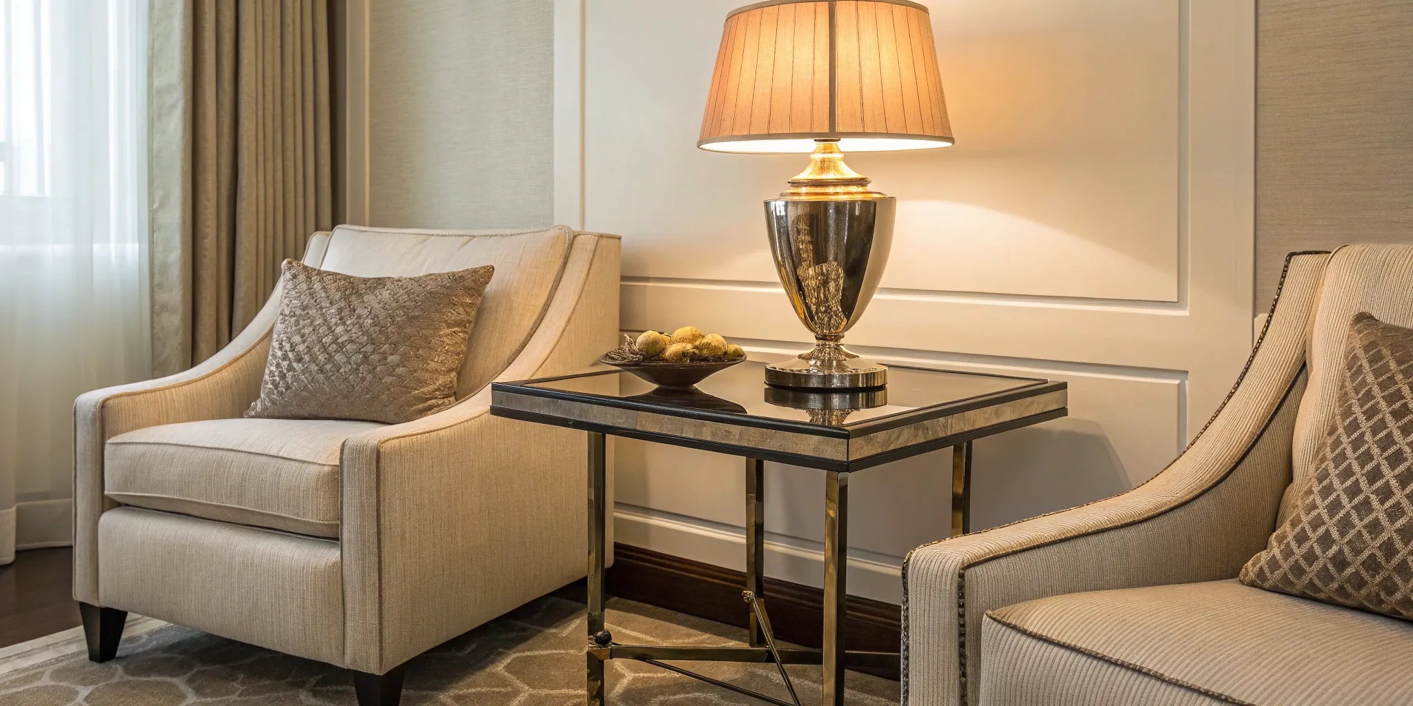 Stylish lamp on a side table between two armchairs.