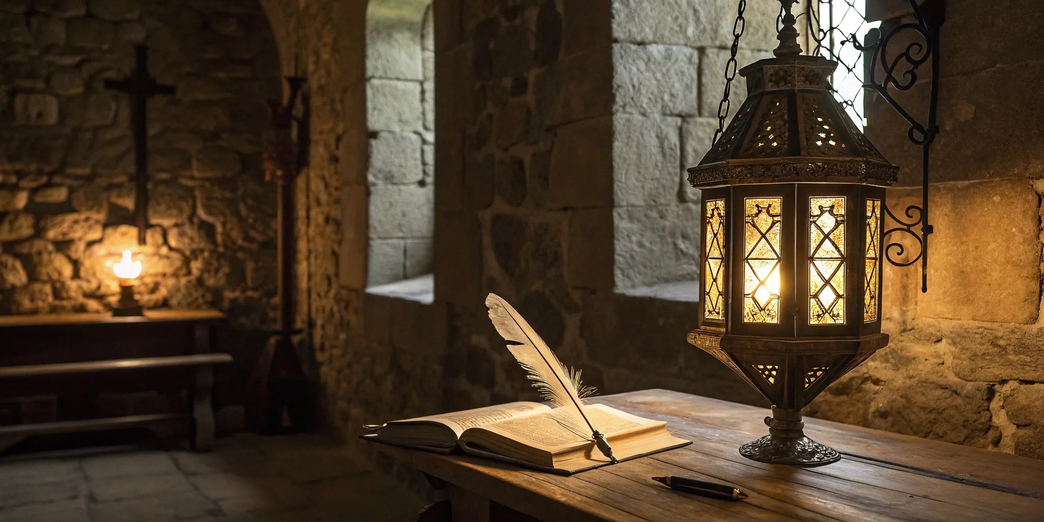Wrought iron medieval lantern glowing on a wooden table.