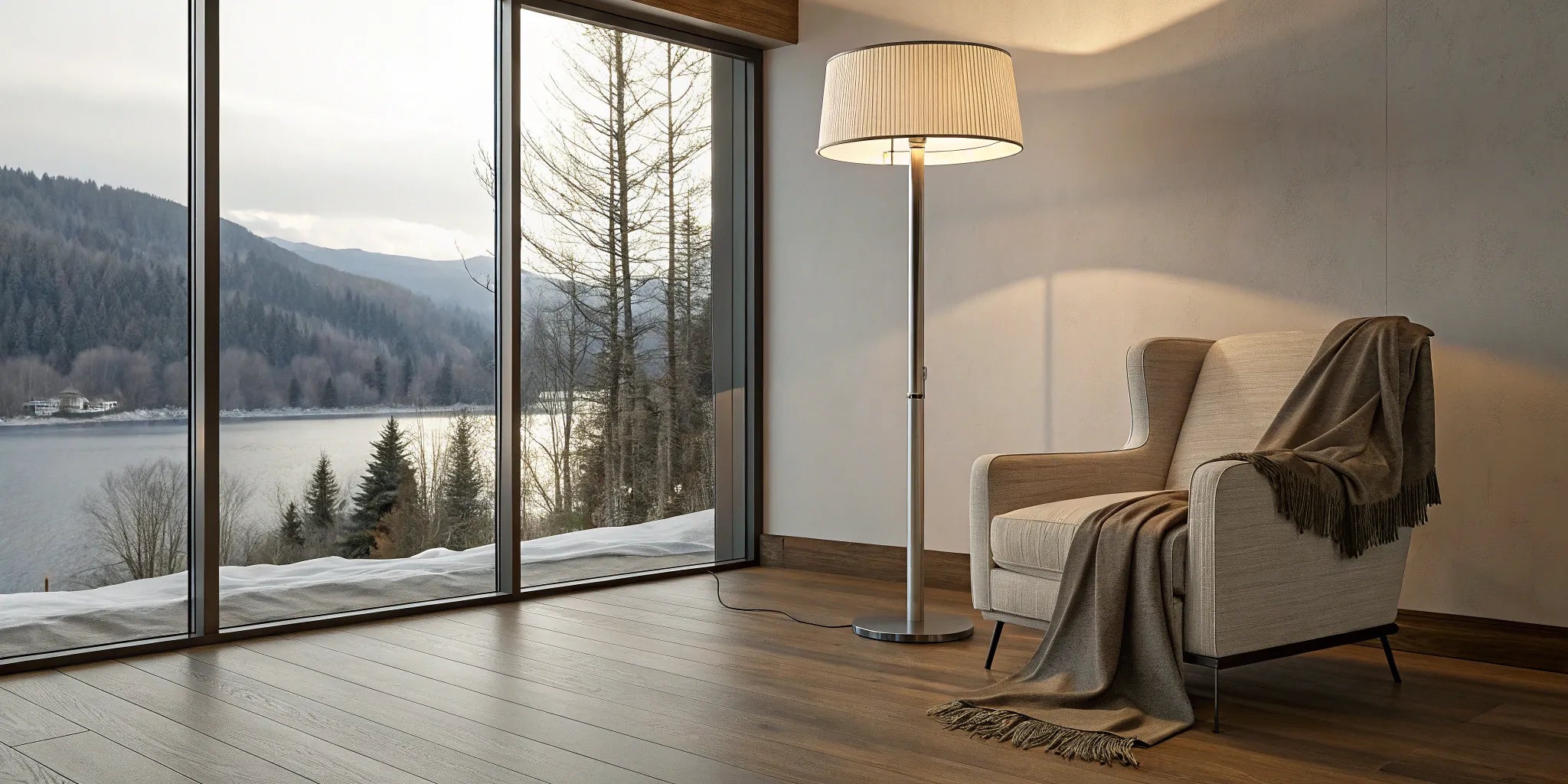 Minimal floor lamp in a modern living room.