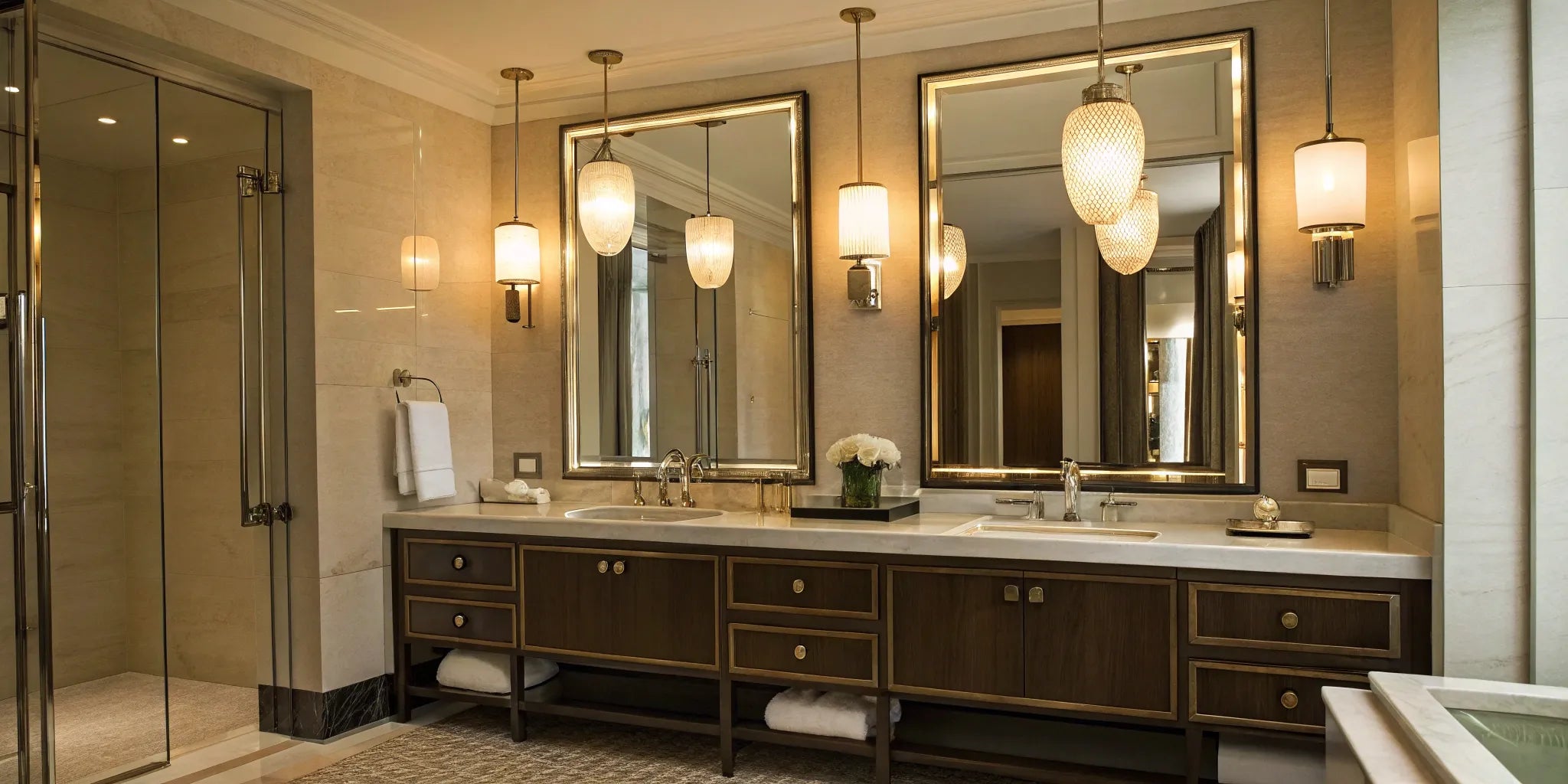 Modern bathroom vanity with sleek lighting.