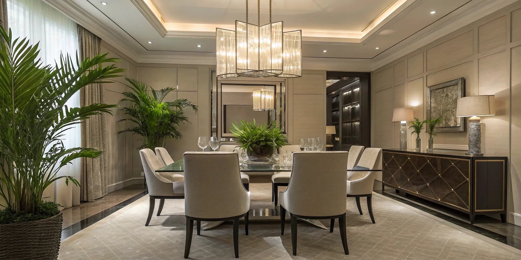Modern dining room light fixture above a table.