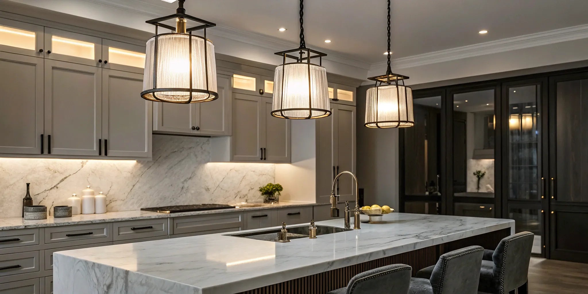 Modern kitchen lighting over a marble island.