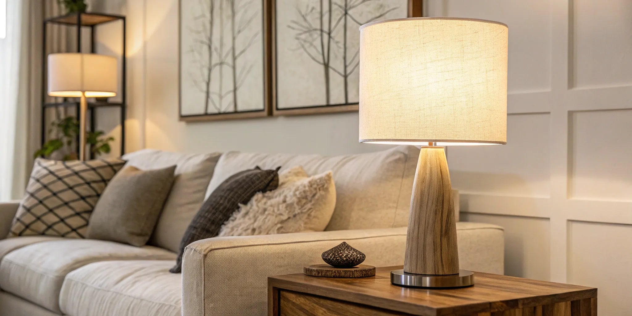 Stylish modern table lamp on a wooden side table.