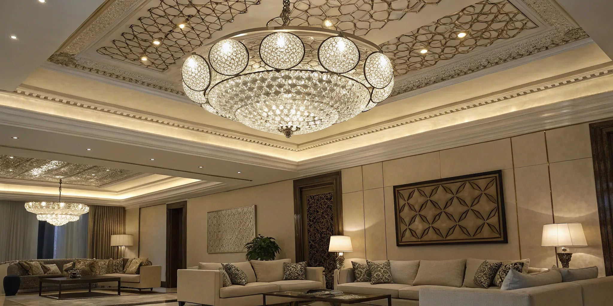 Multi-light pendant chandelier illuminating a room.