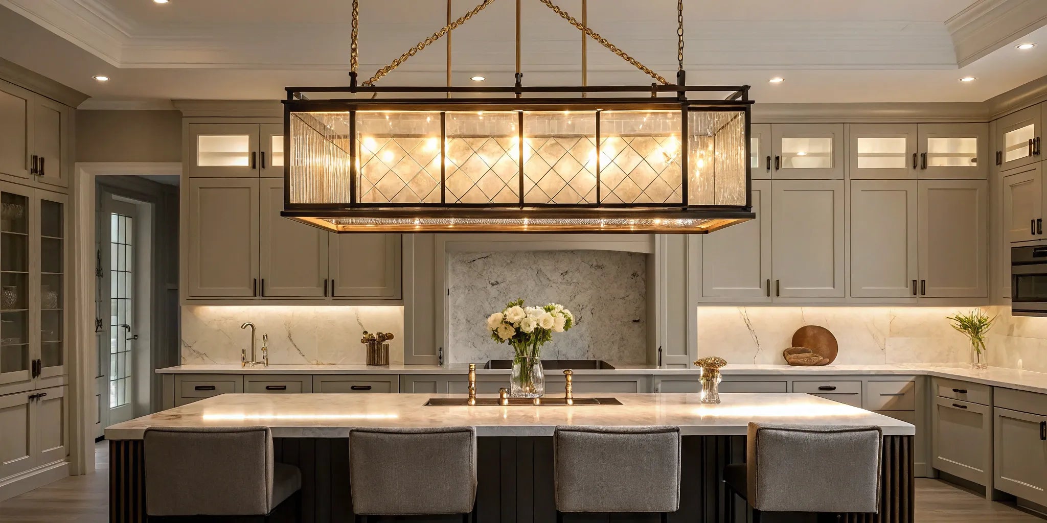 Multi-light pendant over kitchen island.
