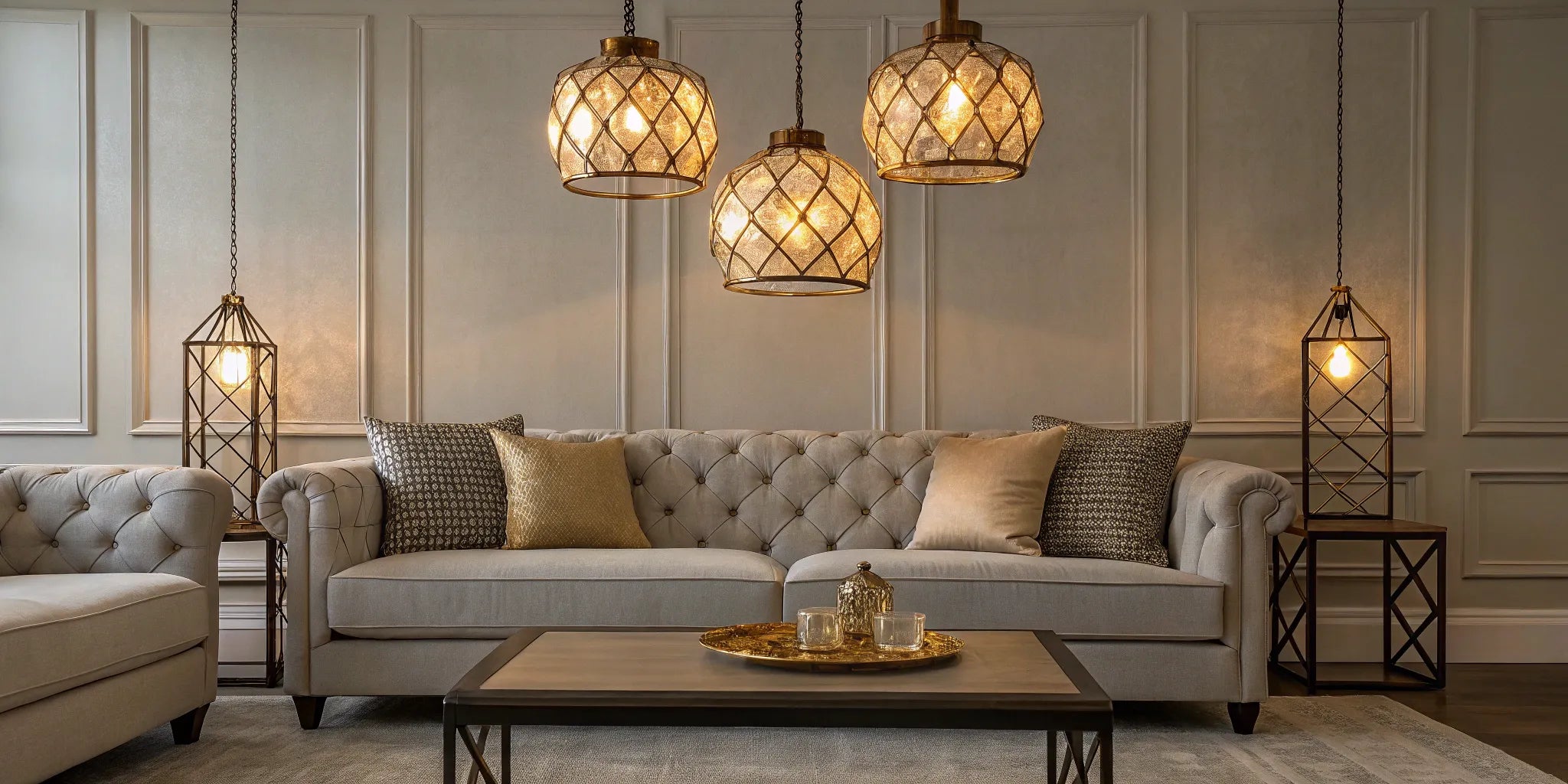Multi-light swag pendant illuminating a living room.