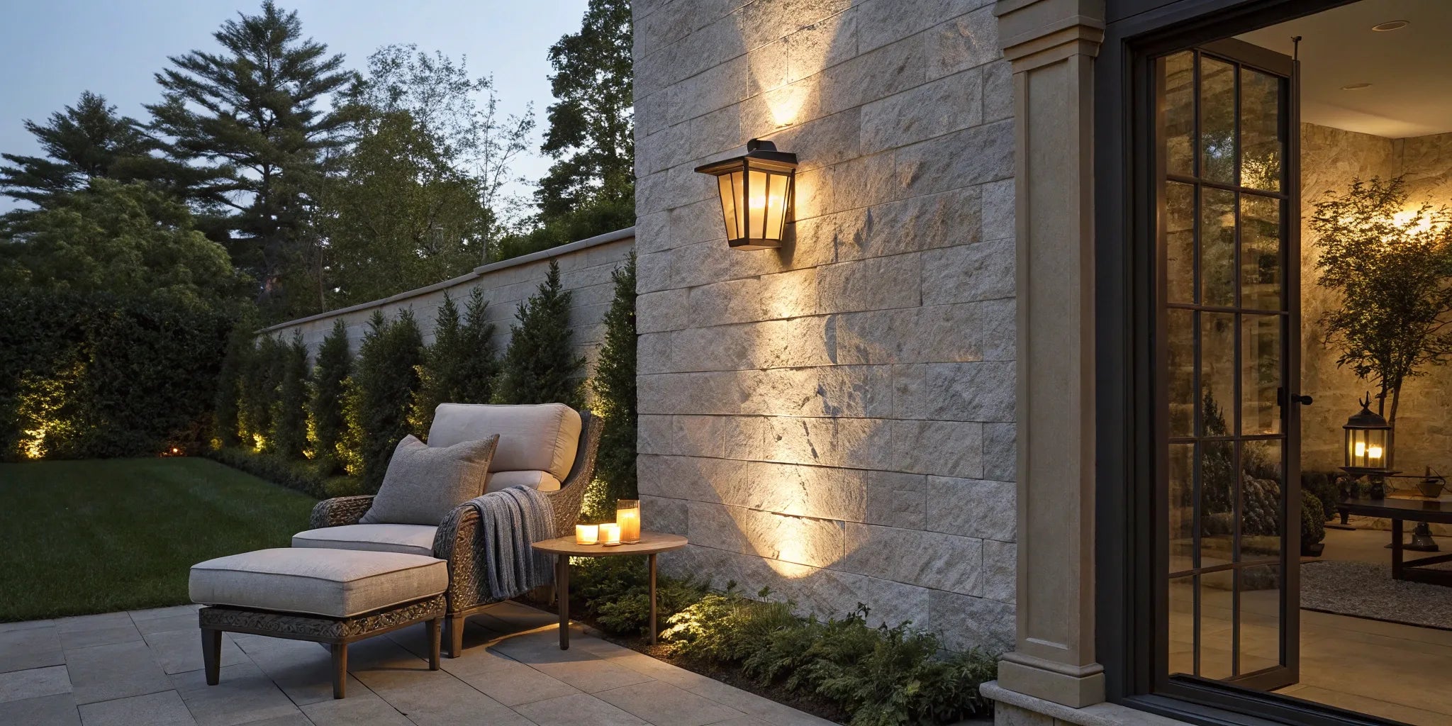 Outdoor wall sconce illuminates a stone wall.