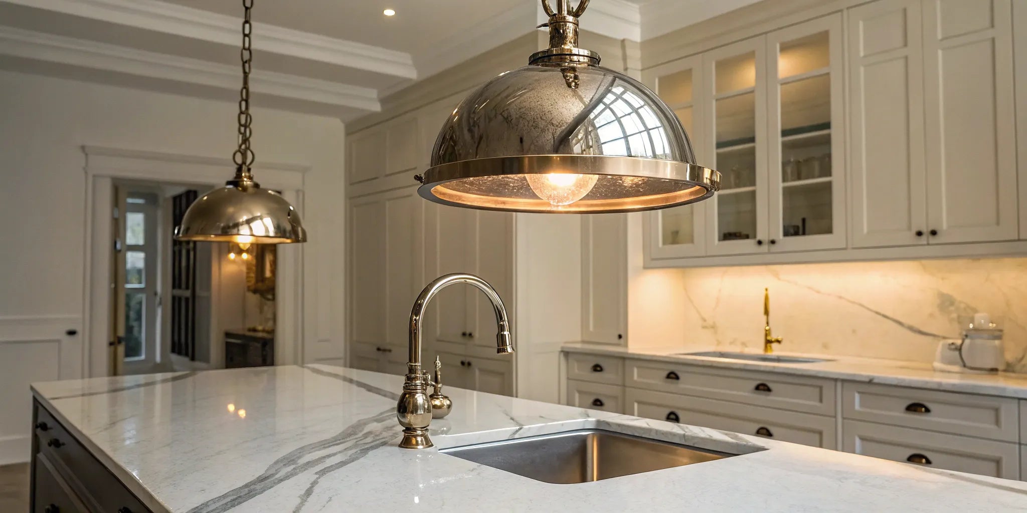 Pendant light above kitchen sink.