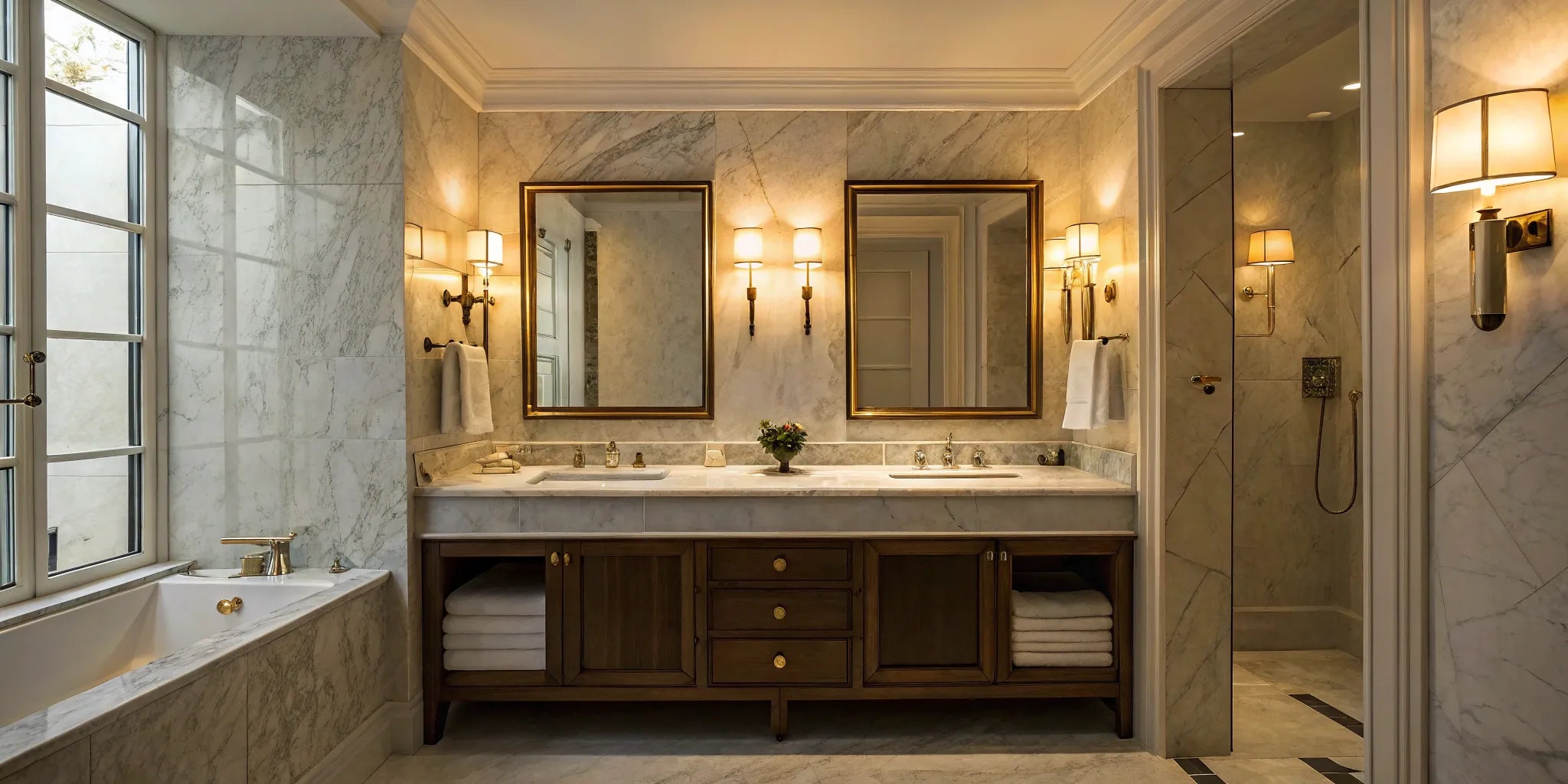 Bathroom vanity with bright wall-mounted light fixtures.