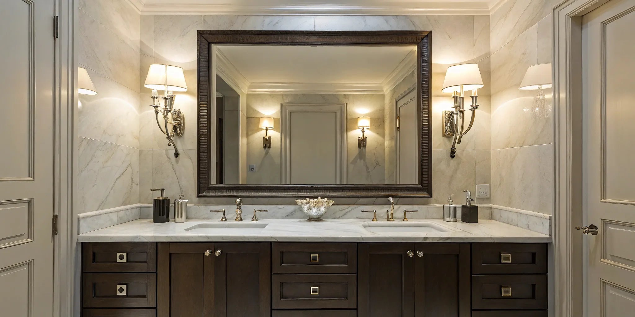Bathroom vanity with elegant wall sconces.