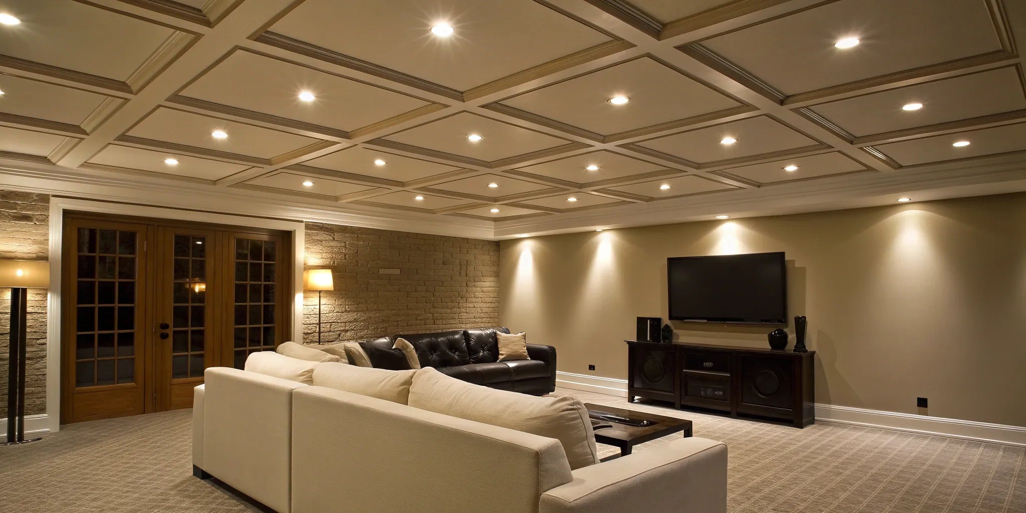 Recessed lights in a T-bar ceiling.