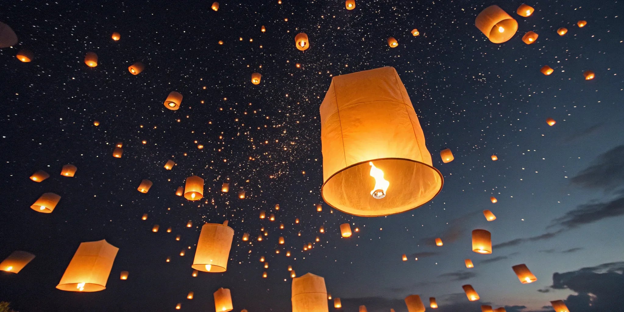 Sky lanterns ascend into the starry night sky.
