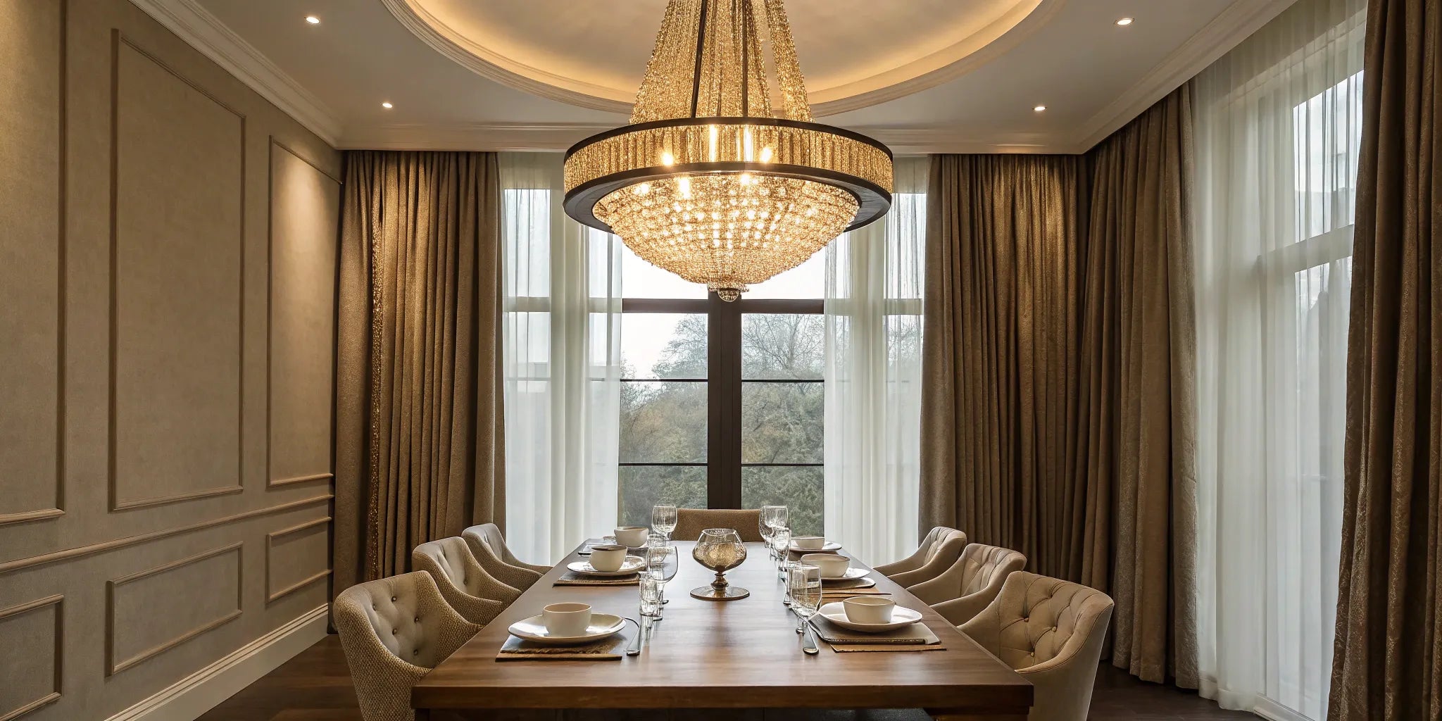 Small crystal chandelier above dining table.