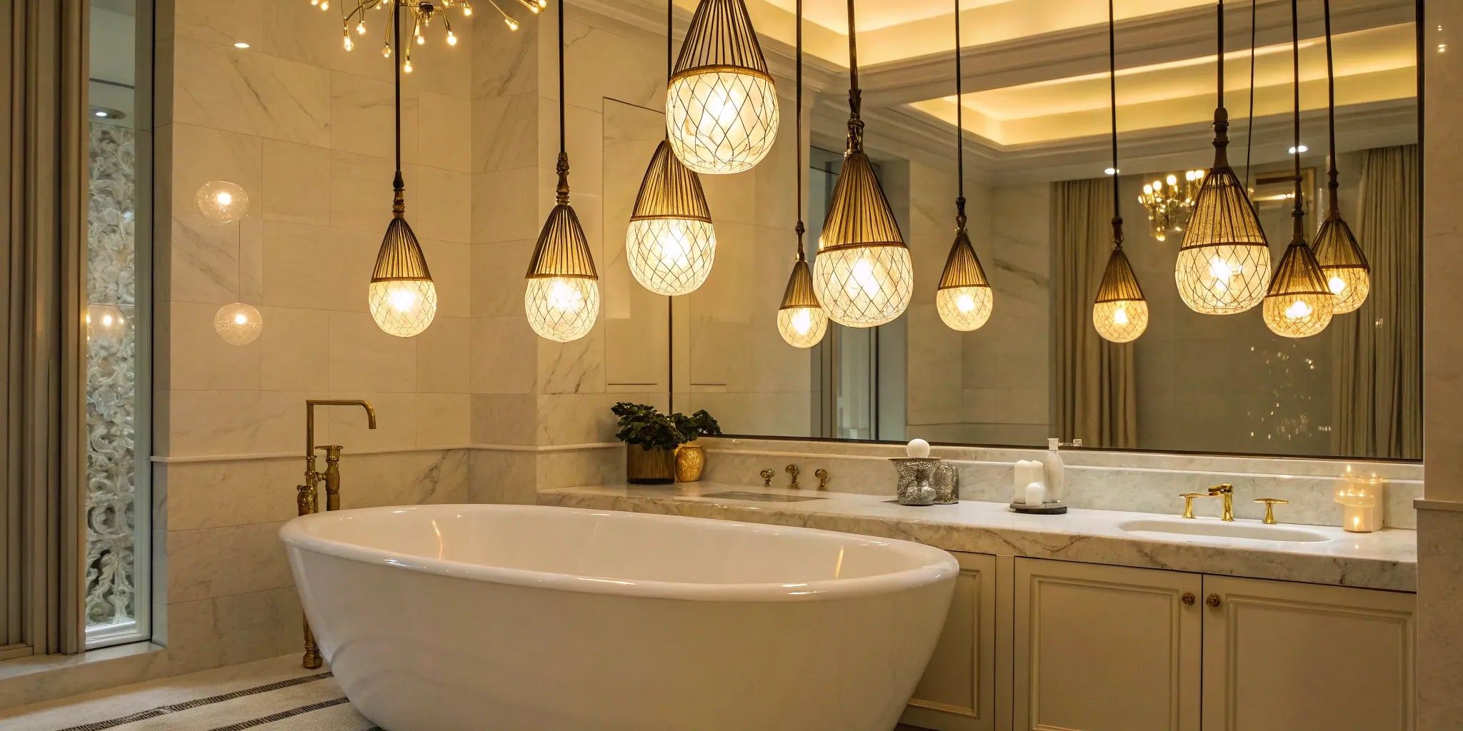 Mini pendant lights illuminate a modern bathroom.