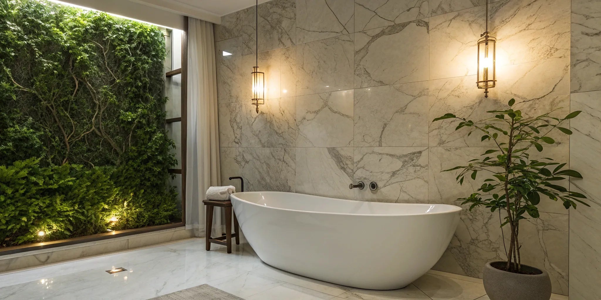 Elegant wall lights brighten a marble bathroom wall.