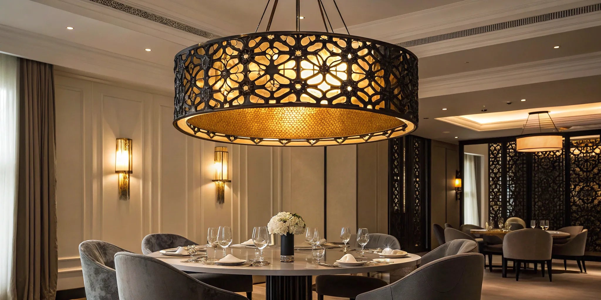 Black and gold pendant light fixture.
