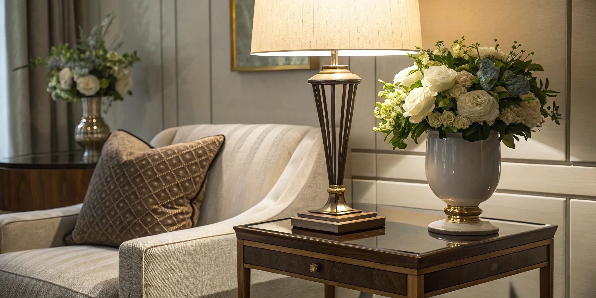 Stylish lamp on end table.
