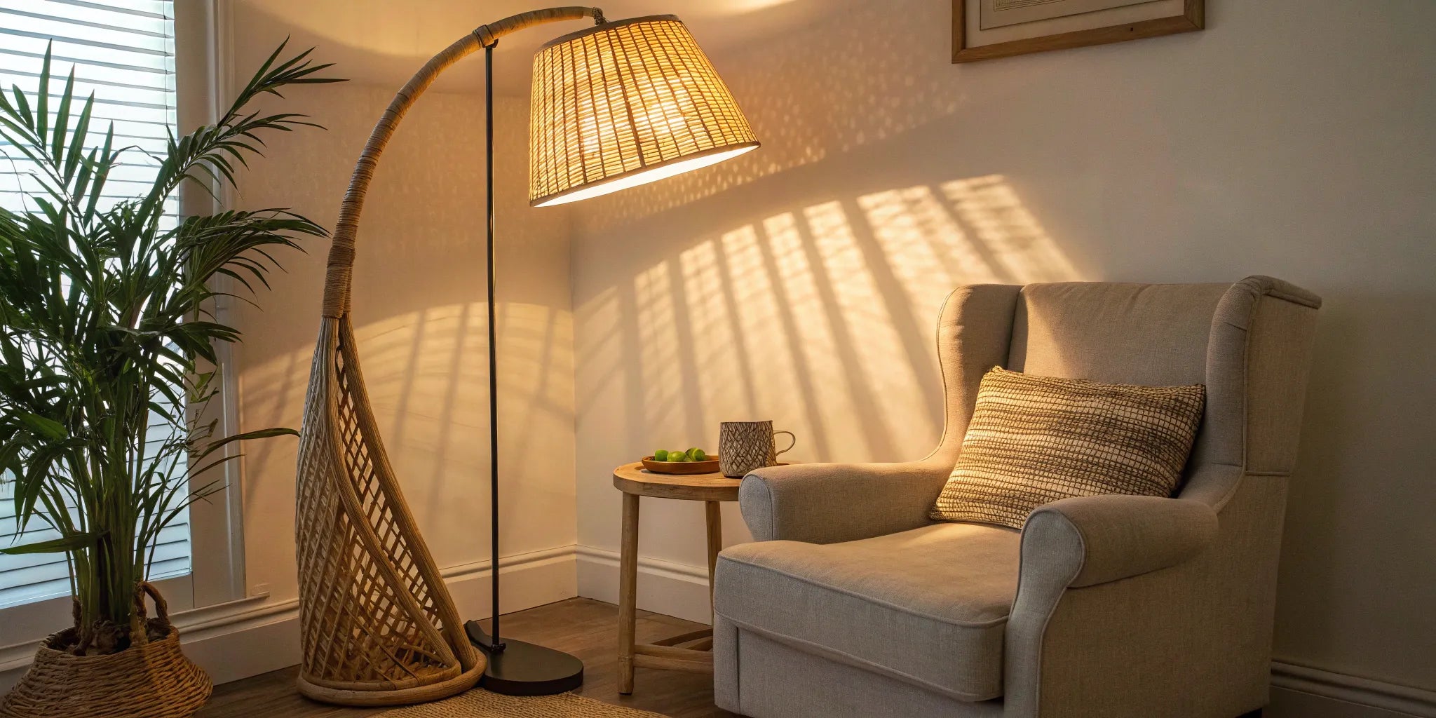 Wicker floor lamp casting warm light on a beige armchair.