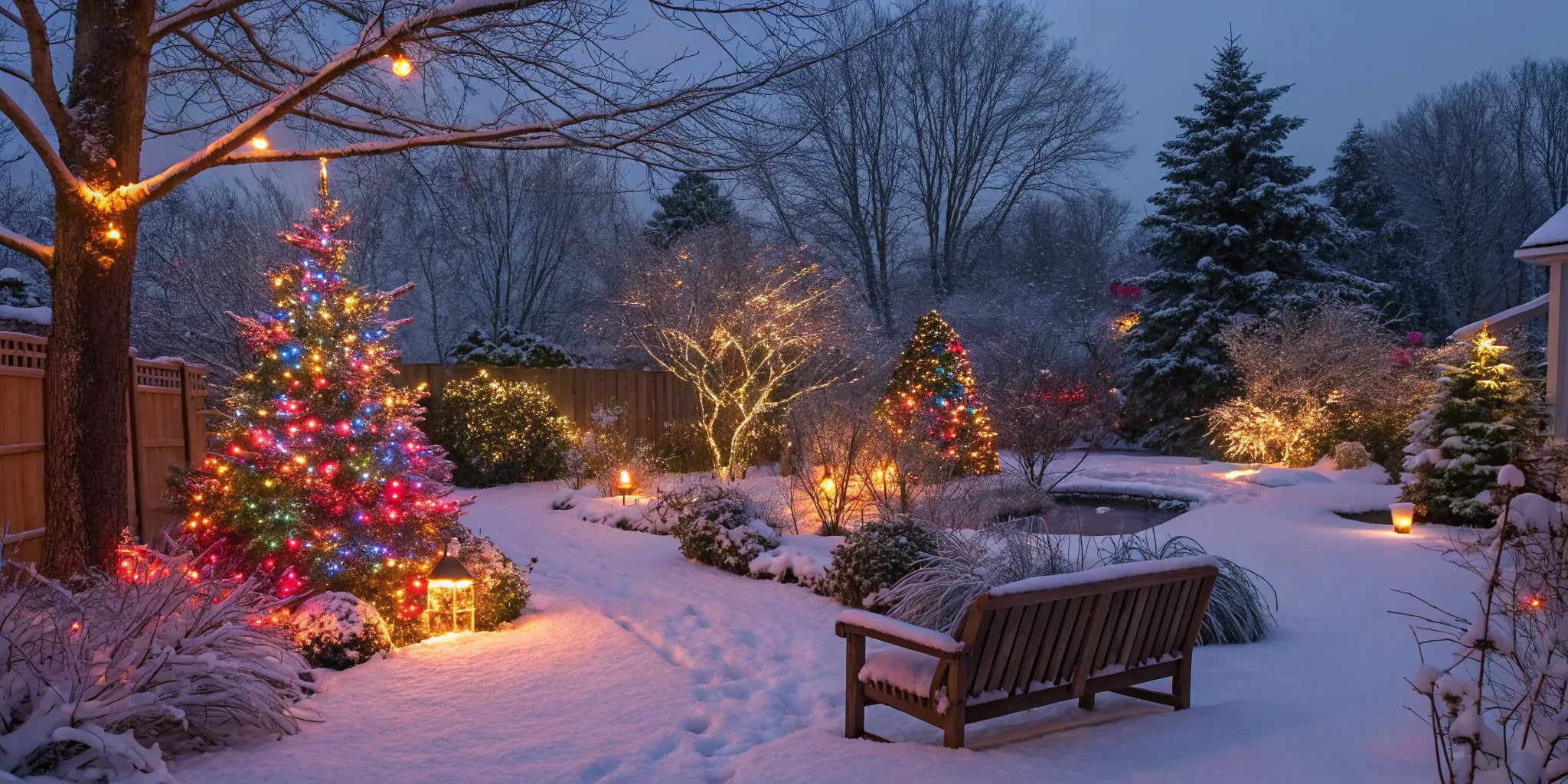 Snowy backyard decorated with battery powered outdoor Christmas lights at dusk.