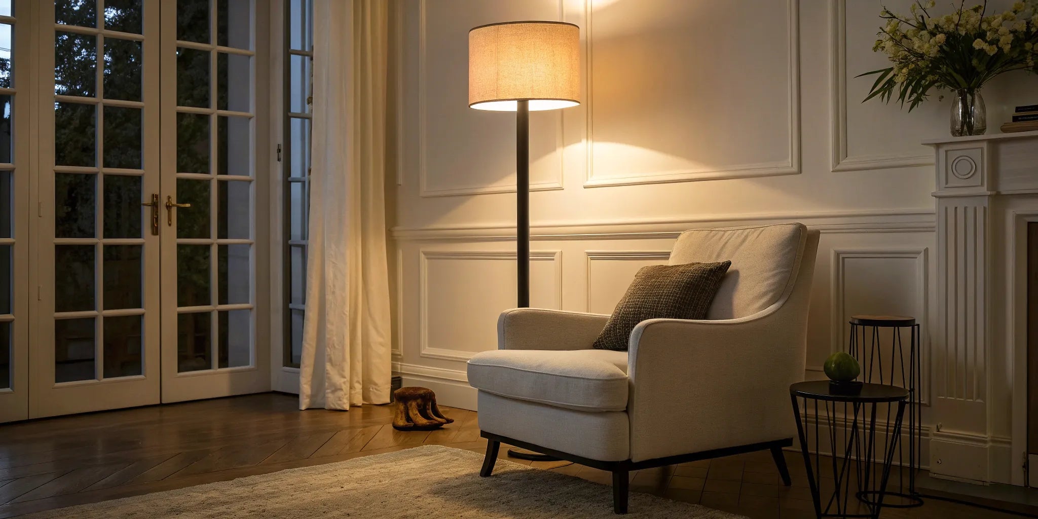 Modern battery floor lamp beside a cozy armchair in a stylish living room.