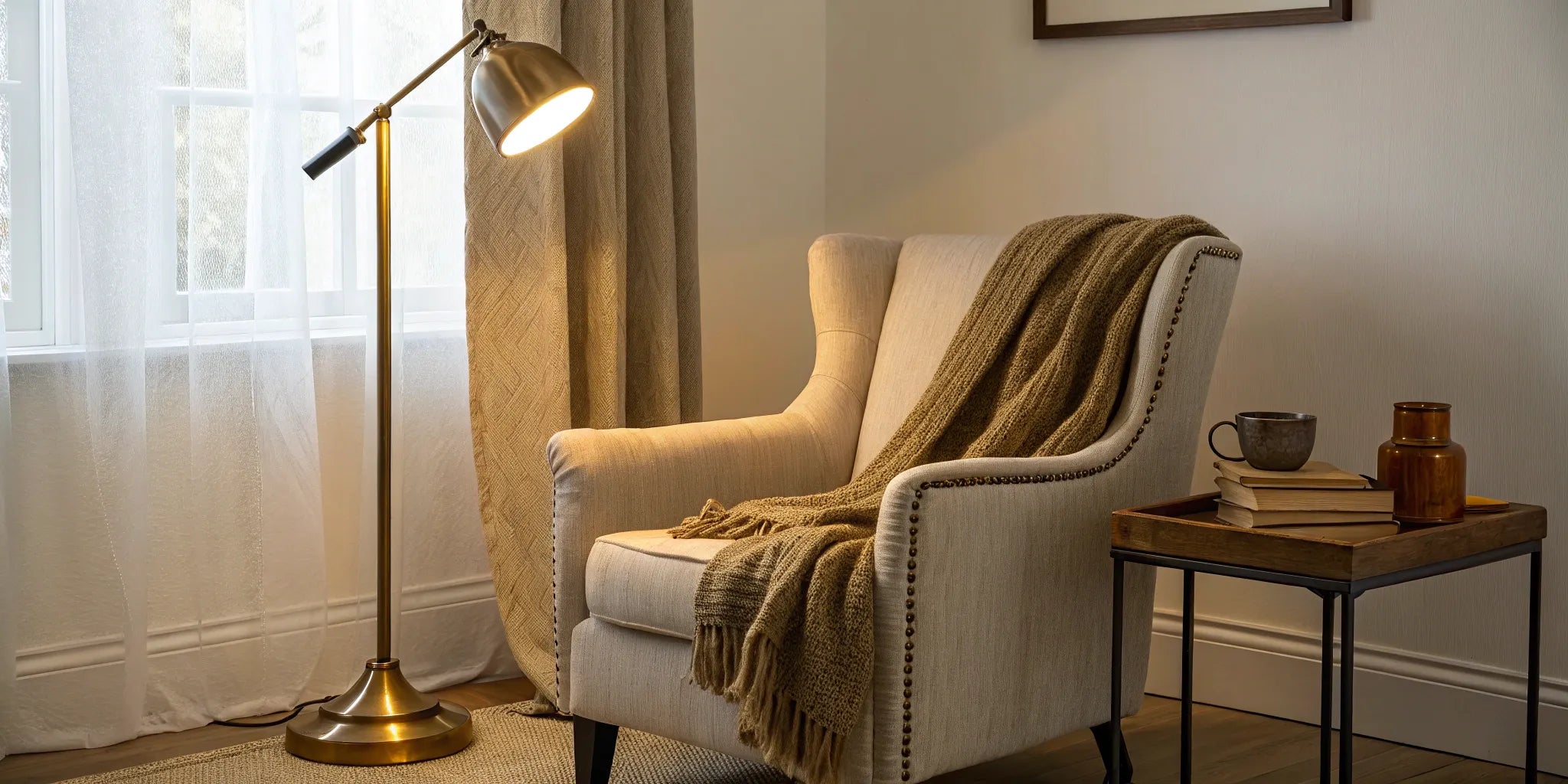 A stylish, cordless battery lamp lights a cozy reading nook from a side table.